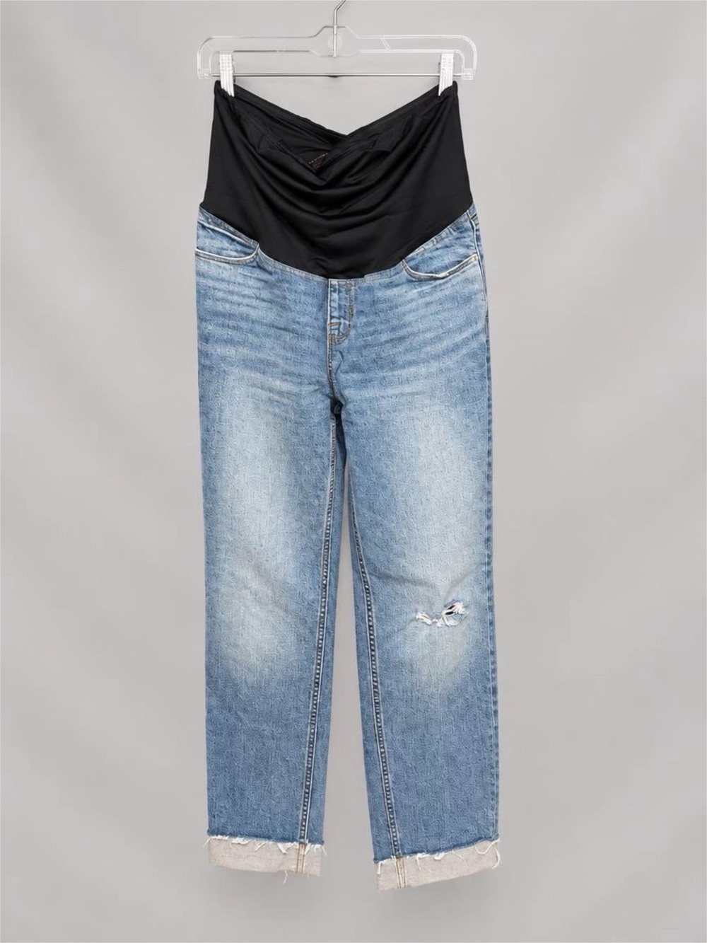 Light Blue Distressed Maternity Straight-Leg Jeans with Black Support Panel